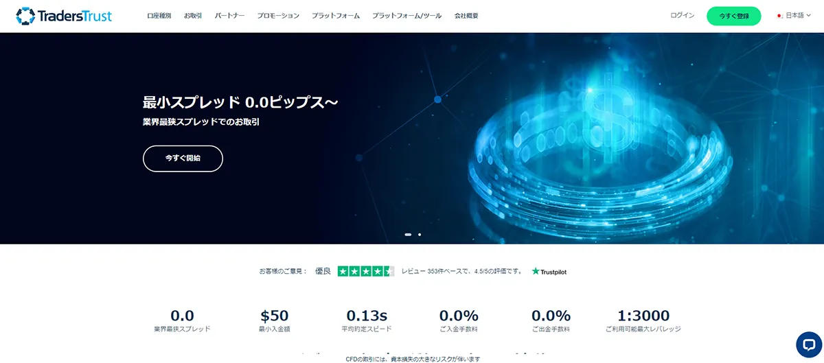 TradersTrust公式サイトのトップ画像